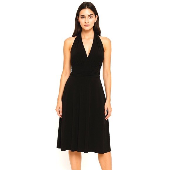 slim fit dress slacks Evan Picone Black Pleaded Chiffon V-Neck Cocktail Dress Size 14 Large